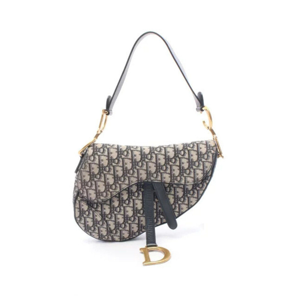 Christian Dior SADDLE Oblique Handbag Canvas Leather Navy Blue Beige Cream